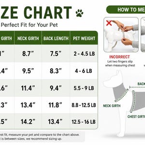 May include: A pet size chart with a table listing sizes XS through XL, including measurements for chest girth, neck girth, back length, and weight in pounds. It features diagrams showing how to measure a dog with text instructions.