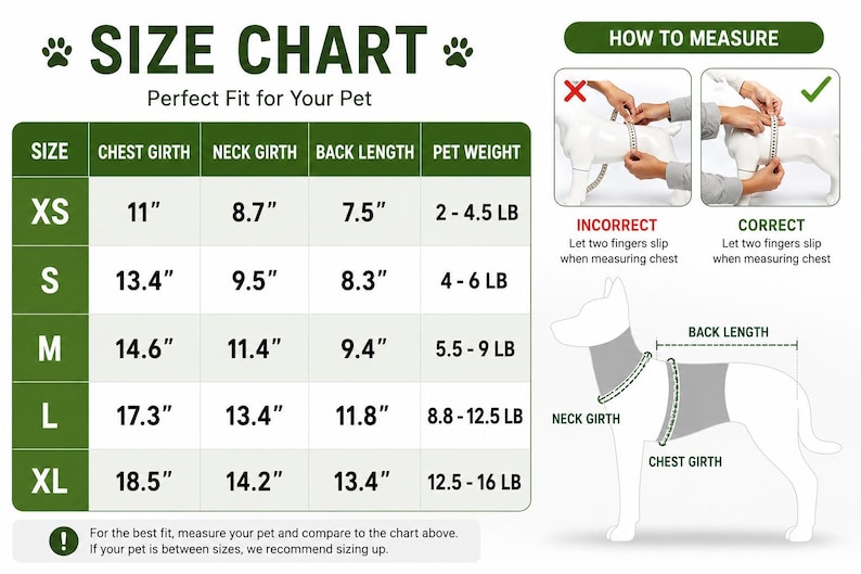 May include: A pet size chart with a table listing sizes XS through XL, including measurements for chest girth, neck girth, back length, and weight in pounds. It features diagrams showing how to measure a dog with text instructions.