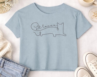 Top corto para amantes de los gatos / Camiseta minimalista con estampado de gatos, camiseta para mujer