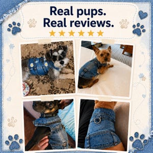 May include: A collage of four photos showing dogs wearing blue denim vests with daisy embroidery. The text reads Real pups. Real reviews. above six yellow stars. The vests feature collars, metal buttons, and D-ring attachments for leashes.
