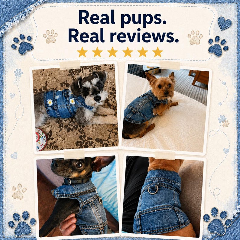 May include: A collage of four photos showing dogs wearing blue denim vests with daisy embroidery. The text reads Real pups. Real reviews. above six yellow stars. The vests feature collars, metal buttons, and D-ring attachments for leashes.