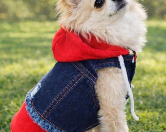 Chaqueta vaquera para perro con capucha roja – Ropa para mascotas pequeñas, conjunto para cachorros