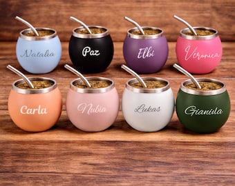 Mate personalizado de 148 ml con bombilla y calabaza para yerba mate con nombre personalizado.