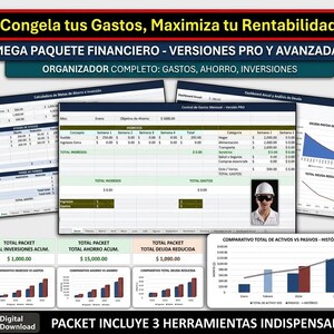 Puede incluir: Un paquete de hojas de cálculo financieras digitales con el texto Congela tus Gastos, Maximiza tu Rentabilidad, MEGA PAQUETE FINANCIERO y ORGANIZADOR COMPLETO. El diseño incluye varios rastreadores de gastos, metas de ahorro, gráficos de inversión y tablas de deuda.