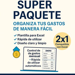 Pode incluir: Gráfico com o texto "SUPER PAQUETE" e "ORGANIZA TUS GASTOS DE MANERA FÁCIL". Inclui uma oferta 2x1 e um exemplo de folha de cálculo com o título "Control de gastos mensual".