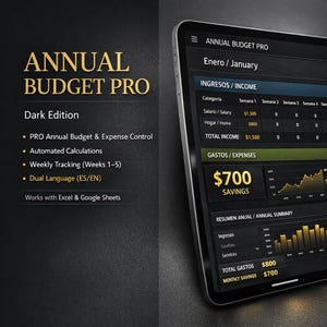 Puede incluir: Una tableta digital muestra la interfaz de la aplicación "Annual Budget Pro". La pantalla muestra el seguimiento de ingresos y gastos, con un enfoque en los ahorros. El texto a la izquierda destaca características como cálculos automatizados.