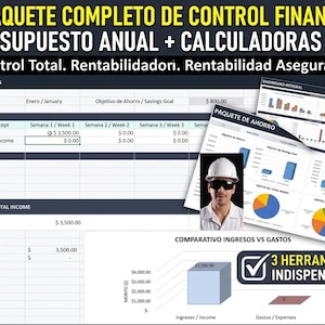 Puede incluir: Una hoja de cálculo financiera digital con rastreador de presupuesto, columnas de ingresos y gastos, y gráficos de ahorro. La interfaz incluye texto en español e inglés, un trabajador con casco y un gráfico de barras de ingresos vs gastos.