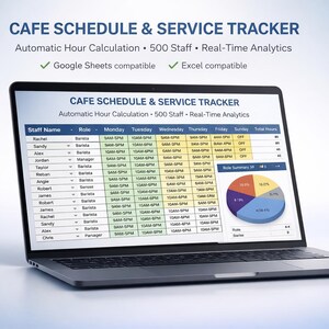 May include: A laptop displays a cafe schedule and service tracker. The screen shows a spreadsheet with staff names, roles, and daily schedules. The text on the screen reads "CAFE SCHEDULE & SERVICE TRACKER" and includes features like automatic hour calculation and real-time analytics.