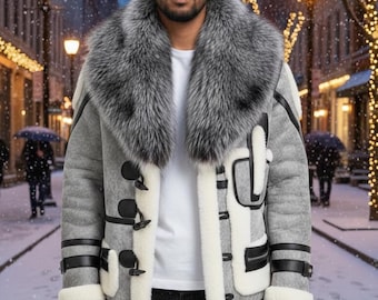 Herr grå fårskinnsduffelkappa – vinterparkas med rävpälskrage