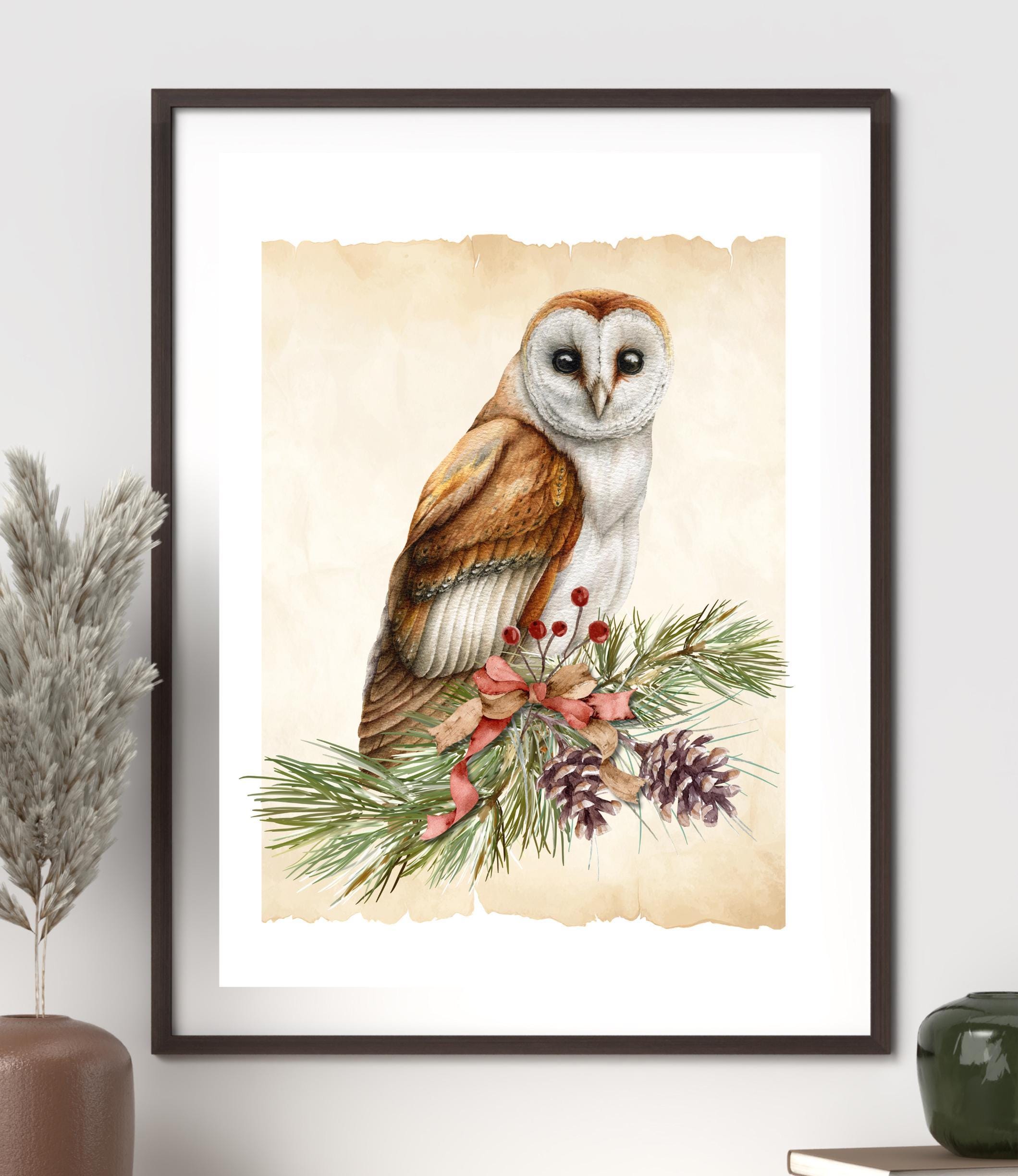 Elegant Owl & Pine Branch Poster Print | Cottagecore Wall Art | Natural Tones
