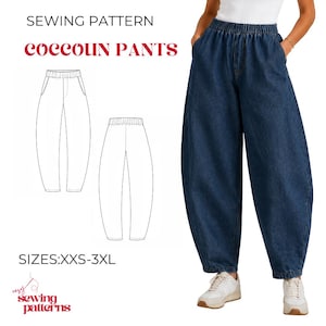 May include: A sewing pattern for Cocoun Pants featuring a line drawing of the garment, text reading SEWING PATTERN COCCOUN PANTS, and SIZES:XXS-3XL. The image shows a pair of dark blue denim pants with an elastic waistband and tapered legs.