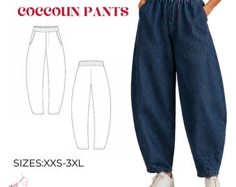 Cocoon Barrel Jeans Sewing Pattern | High Waist Balloon Leg Denim Trousers (PDF Pattern)