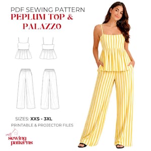 May include: A PDF sewing pattern for a peplum top and palazzo pants, featuring text that reads PDF SEWING PATTERN PEPLUM TOP & PALAZZO, SIZES: XXS - 3XL, PRINTABLE & PROJECTOR FILES. The image shows a yellow and white vertical striped outfit.