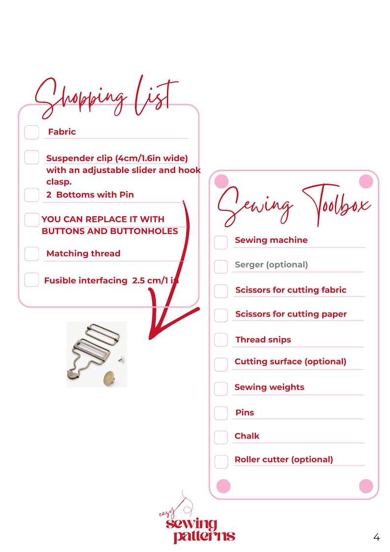 May include: A document titled Shopping List and Sewing Toolbox with checkboxes for items including fabric, 4cm suspender clips, buttons, thread, and fusible interfacing. It lists tools like a sewing machine, scissors, and pins, with a photo of hardware.