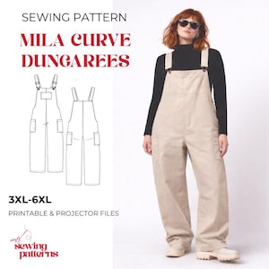 Puede incluir: Mono beige con pernera ancha y bolsillos delanteros. La imagen también muestra un patrón de costura con el texto "MILA CURVE DUNGAREES" y "3XL-6XL". El patrón es para archivos imprimibles y de proyector.