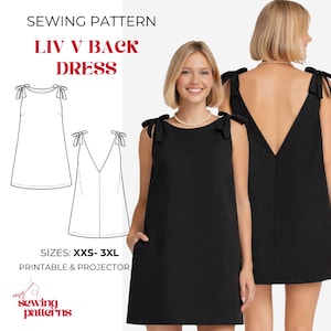May include: A sewing pattern for the Liv V Back Dress, featuring sizes XXS-3XL, printable and projector files. The image displays a black sleeveless dress with tie-shoulder straps and a deep V-back, shown from both front and back views.