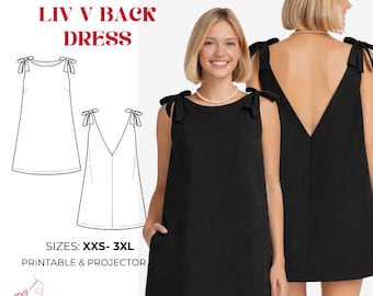 Patrón de costura para vestido Liv con espalda en V, corte recto en línea A, ideal para principiantes (descarga en PDF)