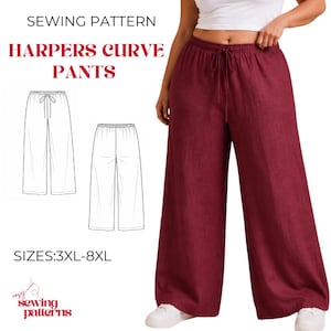 Könnte beinhalten: Ein Schnittmuster für die Harpers Curve Hose in den Größen 3XL-8XL. Das Bild zeigt eine weite, dunkelrote Hose mit elastischem Bund und Kordelzug sowie zwei schwarz-weiße Strichzeichnungen des Hosendesigns.
