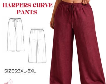 Harper Curve Pants Sewing Pattern, Plus Size Wide Leg Palazzo Trousers (PDF)