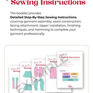 May include: A set of sewing instruction pages featuring the text Step by Step Sewing Instructions. The pages display diagrams of garment pieces in pink and teal, along with a colour guide for main fabric, lining, and interfacing, all on white paper.