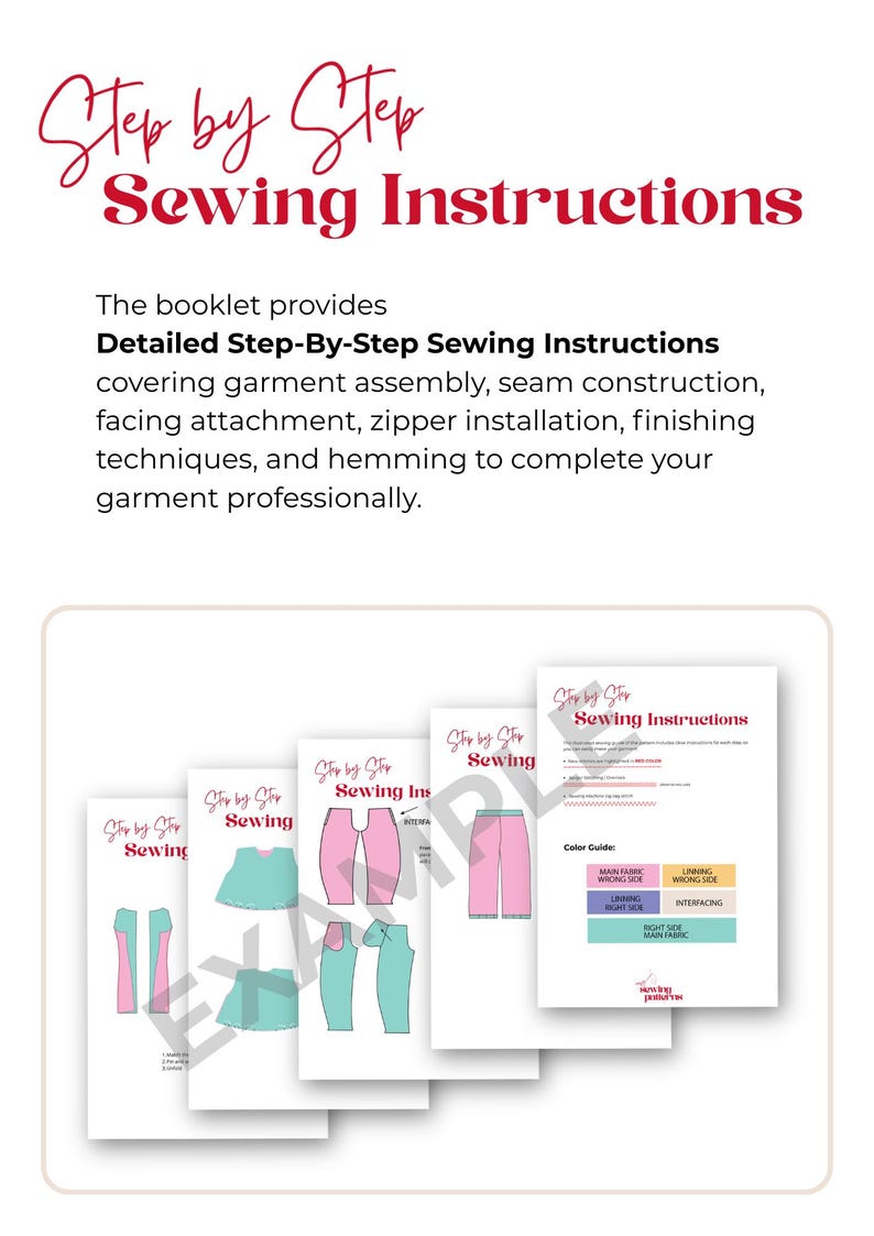 May include: A set of sewing instruction pages featuring the text Step by Step Sewing Instructions. The pages display diagrams of garment pieces in pink and teal, along with a colour guide for main fabric, lining, and interfacing, all on white paper.