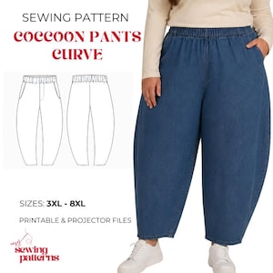 May include: A sewing pattern for cocoon pants in sizes 3XL to 8XL, featuring printable and projector files. The image displays a technical line drawing of the pants alongside a photograph of blue denim cocoon pants with an elastic waistband.