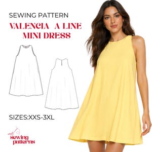 Może przedstawiać: Wykrój krawiecki na sukienkę mini typu A Valencia, z tekstem SEWING PATTERN VALENCIA A LINE MINI DRESS oraz SIZES:XXS-3XL. Obraz zawiera techniczny rysunek liniowy sukienki oraz żółtą sukienkę mini bez rękawów.