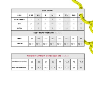 May include: A size chart with the text Size Chart (inches) at the top and easy sewing patterns at the bottom. It includes tables for US/Canada, EU, and UK/AU sizes, body measurements for waist and height, and finished garment measurements in inches.