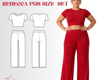 Patrón de costura para conjunto de ropa de estar por casa Rebecca Plus Size / Top corto, pantalones (Descarga digital)