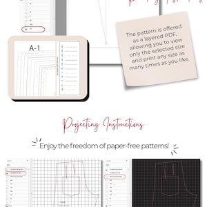 May include: A digital sewing pattern guide featuring Printing Instructions and Projecting Instructions. It displays layered PDF screenshots with size selection menus, A-1 and A-2 pattern layouts, and grid-based projection views in white and black.
