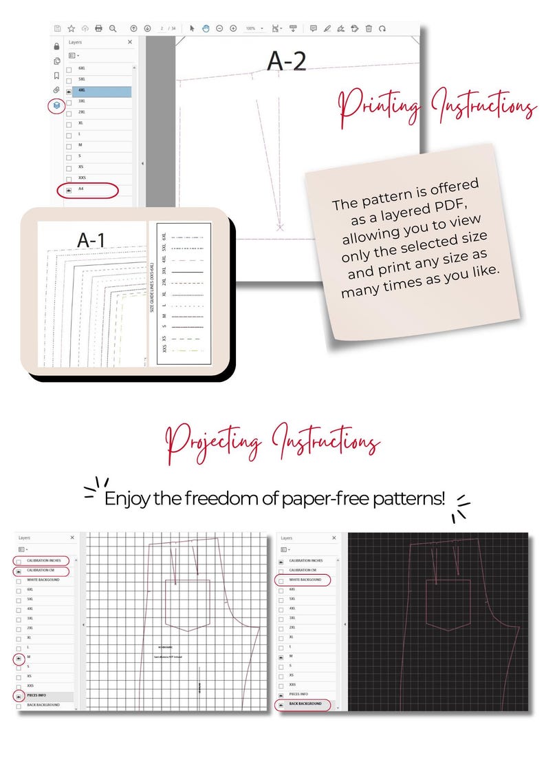 May include: A digital sewing pattern guide featuring Printing Instructions and Projecting Instructions. It displays layered PDF screenshots with size selection menus, A-1 and A-2 pattern layouts, and grid-based projection views in white and black.