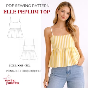 May include: A yellow and white striped peplum top with thin straps. The image also shows a line drawing of the top and the text "ELLE PEPLUM TOP". The pattern is available in sizes XXS-3XL and is a printable and projector file.