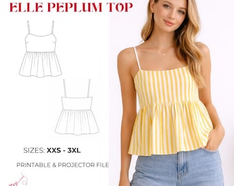 Patrón de costura ELLE para top peplum / Camiseta de tirantes de verano de corte relajado (descarga en PDF)