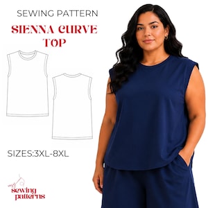 May include: A sewing pattern for the Sienna Curve Top, featuring a navy blue sleeveless top with a round neckline. The image includes technical line drawings of the front and back of the garment, with the text SIZES: 3XL-8XL and easy sewing patterns.