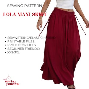 Może przedstawiać: Ciemnoczerwona spódnica maxi z hybrydowym pasem ze sznurkiem i gumką. Tekst głosi: SEWING PATTERN, LOLA MAXI SKIRT, DRAWSTRING/ELASTIC HYBRID, PRINTABLE FILES, PROJECTOR FILES, BEGINNER FRIENDLY, XXS-3XL, oraz easy sewing patterns.