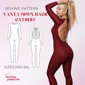 May include: A sewing pattern for a Vanta Open Back Catsuit in sizes XXS-3XL. The image displays a long-sleeved, deep burgundy catsuit with an open back and tie closure, alongside technical line drawings showing front and back views of the garment.