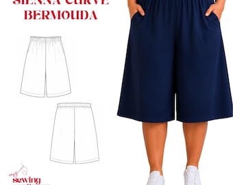 Patrón de costura PDF para pantalones cortos bermudas Sienna de talla grande / Pierna ancha, cintura elástica / Pantalones cortos para curvas 3XL-8XL