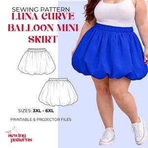 May include: A sewing pattern for a Luna Curve balloon mini skirt in sizes 3XL to 6XL. The image displays a bright blue balloon skirt with an elastic waistband, alongside two black and white line drawings of the skirt design and text.
