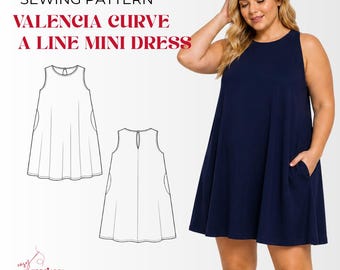 Patrón de costura para vestido Valencia de talla grande / Minivestido de corte A con bolsillos (descarga en PDF)