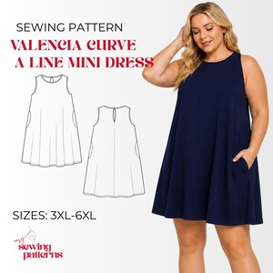 May include: A sewing pattern for a Valencia Curve A-line mini dress in sizes 3XL-6XL. The image displays a navy blue sleeveless mini dress with side pockets and technical line drawings showing the front and back views of the garment design.
