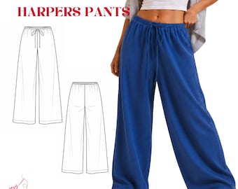 Patrón de costura en PDF para pantalones de pierna ancha Harper, patrón de pantalones con cordón ajustable, patrón de pantalones palazzo, pantalones de corte holgado.