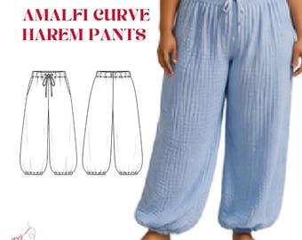 Patrón de costura PDF para pantalones harem de tallas grandes Amalfi / Piernas abullonadas con cordón ajustable / Pantalones de corte curvo 3XL-8XL