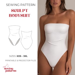 Könnte beinhalten: Ein weißer trägerloser Body. Das Bild enthält eine Nähillustration des Bodysuits und den Text "SCULPT BODYSUIT". Das Muster ist in den Größen XXS bis 3XL erhältlich und ist druckbar.