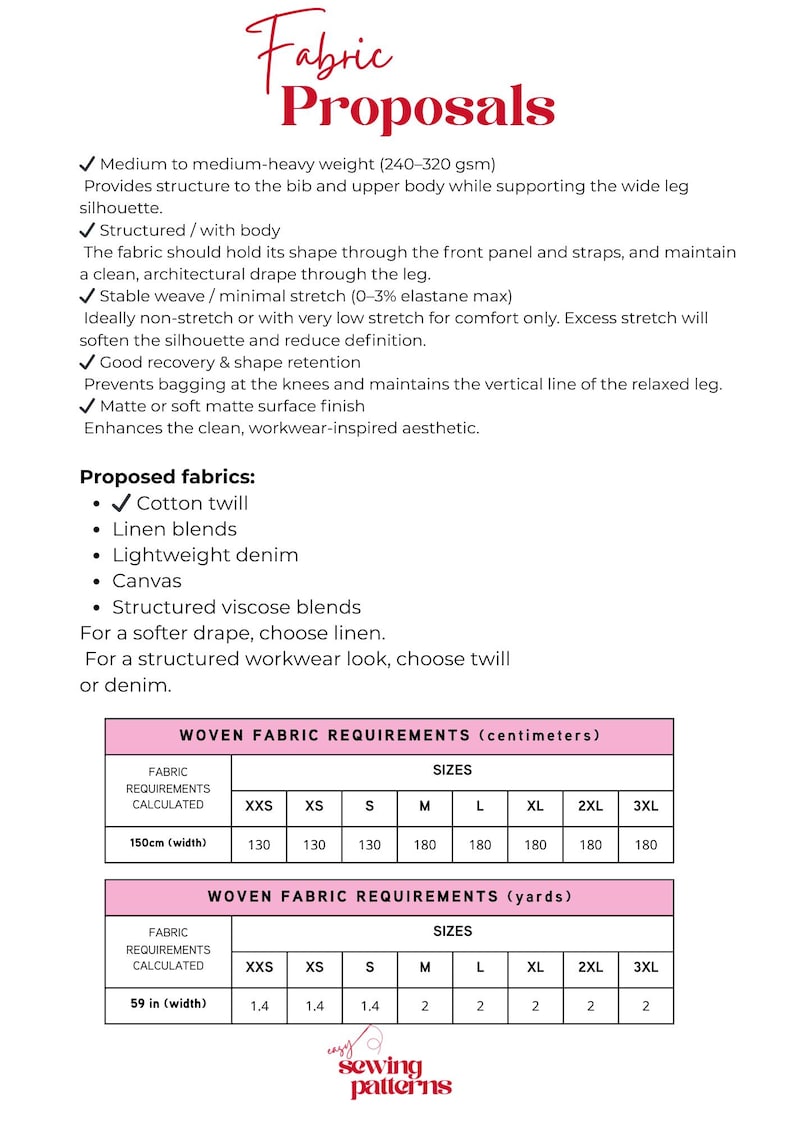 May include: An informational document titled Fabric Proposals listing fabric requirements for sewing patterns. It includes criteria for fabric weight, weave, and stretch, a list of suggested materials, and two tables showing fabric requirements in centimetres and yards.