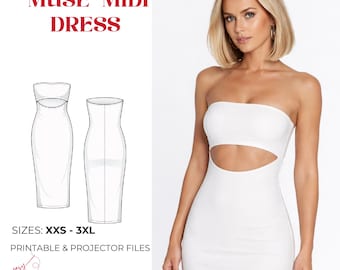 Patrón de costura para vestido midi sin tirantes con aberturas de Muse / Vestido ajustado moderno en PDF (descarga instantánea)