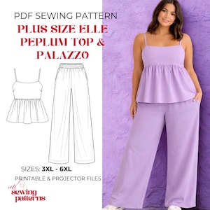 May include: A PDF sewing pattern for a plus size Elle peplum top and palazzo pants in sizes 3XL to 6XL. The image displays a technical line drawing of the garments alongside a photograph of the finished lavender-colored set with thin straps.