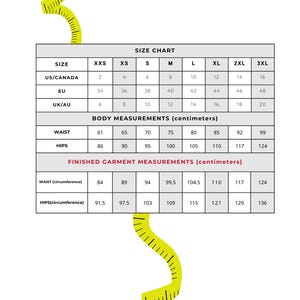 May include: A size chart table with the text Size Chart (centimeters) at the top and easy sewing patterns at the bottom. The table lists US/Canada, EU, and UK/AU sizes, body measurements for waist and hips, and finished garment measurements in centimetres.