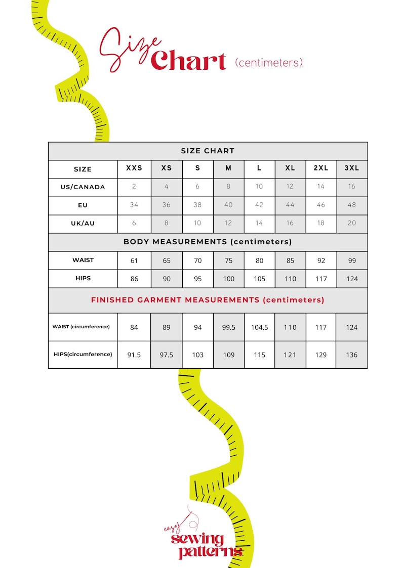 May include: A size chart table with the text Size Chart (centimeters) at the top and easy sewing patterns at the bottom. The table lists US/Canada, EU, and UK/AU sizes, body measurements for waist and hips, and finished garment measurements in centimetres.