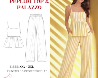 Patrón de costura para conjunto de verano ELLE / Top peplum, pantalones de pierna ancha (descarga en PDF)