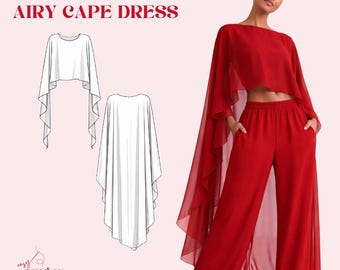 Patrón de costura para vestido tipo capa vaporoso, blusa transparente asimétrica, descarga digital en PDF.